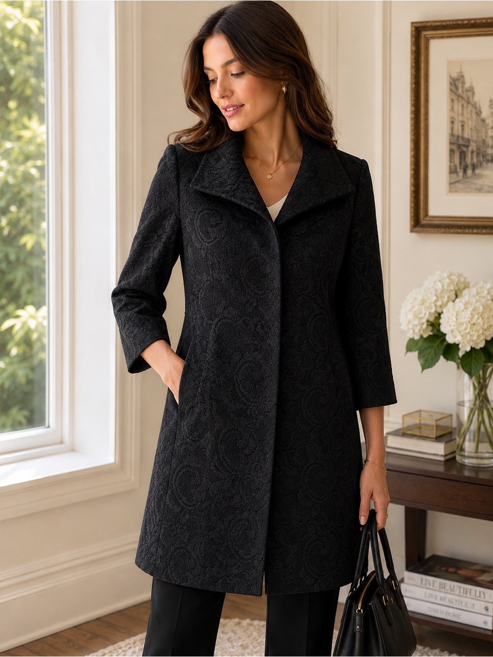 Ann Taylor Black Floral Lace Jacquard Dress Coat Jacket XS